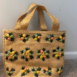 Woven Straw Tote Bag with Yellow & Green Fruit Embellishments